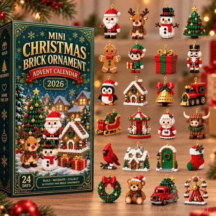 Boîte verte du calendrier briques et les 24 figurines de Noël à monter