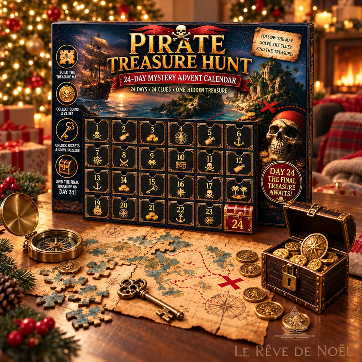 Calendrier de l'Avent pirate ouvert sur une table de Noël, carte au trésor, pièces, boussole, clé et coffre