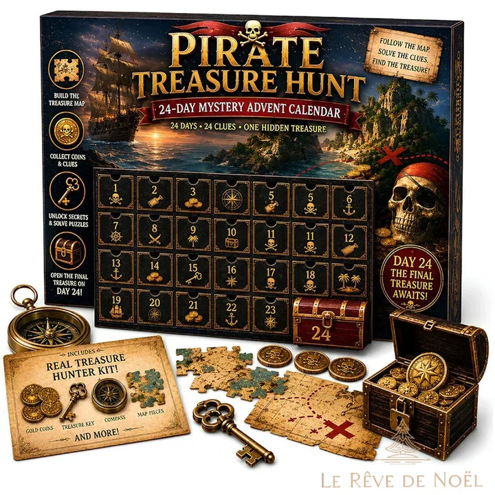 Boîte Pirate Treasure Hunt aux 24 cases et son contenu : carte, pièces dorées, boussole, clé, coffre
