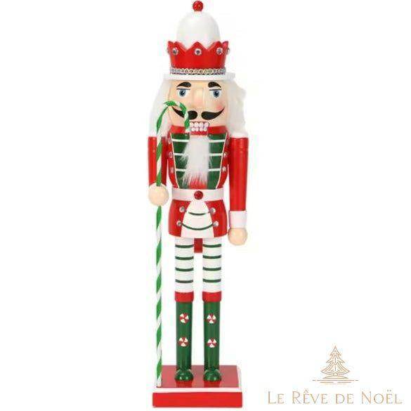 Grand casse-noisette modèle Sucre d'orge, manteau rouge, couronne à bijoux, canne rayée verte