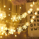Guirlande lumineuse flocons de neige blanc chaud, gros plan flouté devant une affiche alphabet