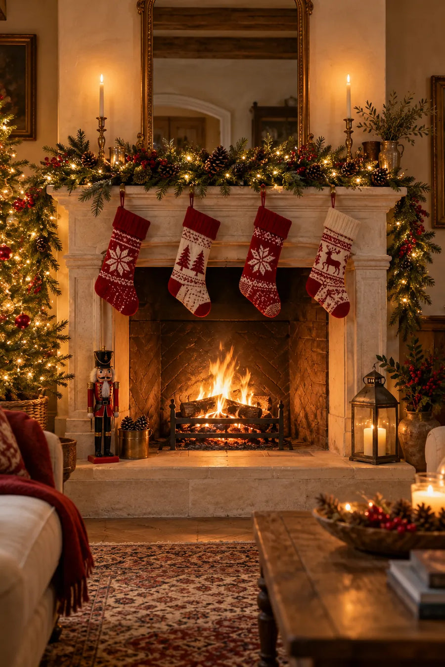 Cheminée en pierre décorée pour Noël : guirlande de sapin lumineuse, chaussettes tricotées rouges et blanches, feu de bois