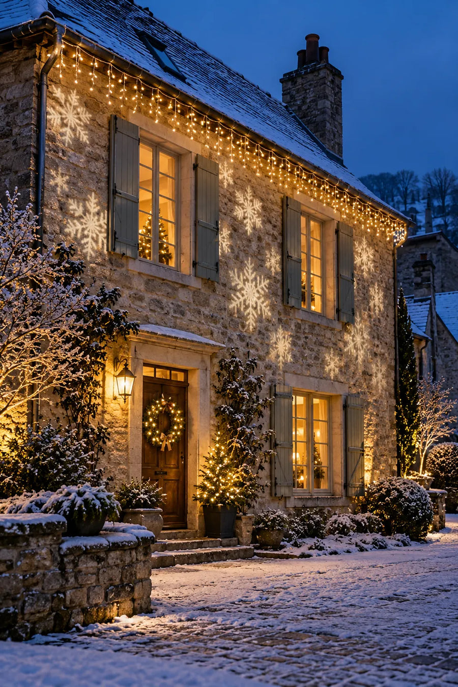 Maison en pierre illuminée pour Noël sous la neige : guirlande stalactite au toit, flocons projetés sur la façade, couronne sur la porte