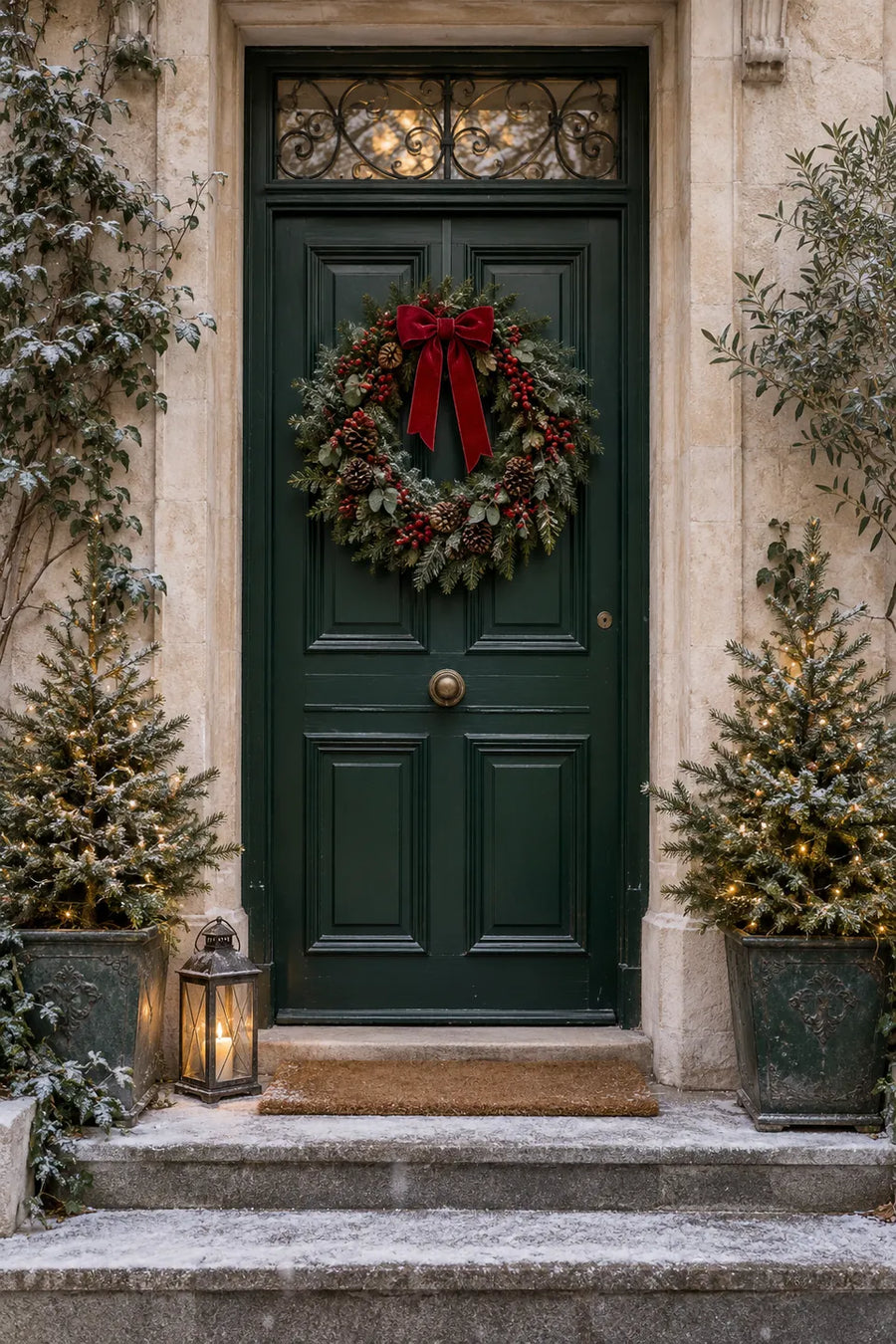Porte d'entrée verte décorée d'une couronne de Noël à nœud rouge, encadrée de deux petits sapins lumineux en pot