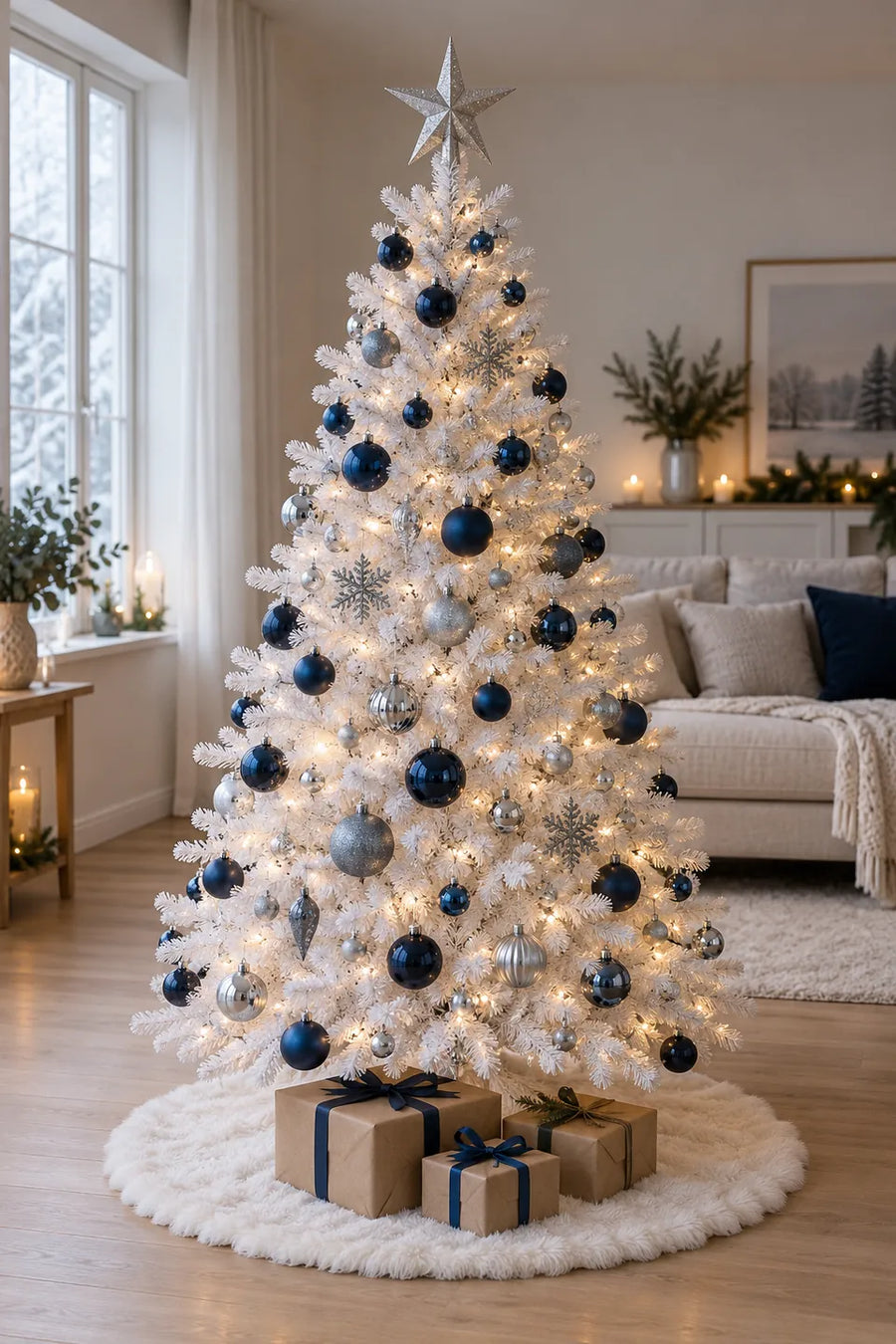 Sapin de Noël blanc décoré de boules bleu nuit et argent, guirlande blanc chaud, cadeaux en papier kraft au pied