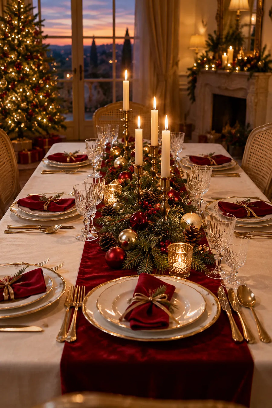 Table de Noël dressée en rouge et or : chemin de table en velours rouge, assiettes à liseré doré, bougies et branches de sapin