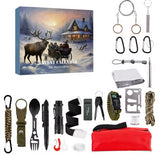 Boîte du calendrier de l'avent homme (kit B) illustrée d'un traîneau, entourée d'outils de survie