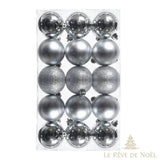 Boules de Noël argentées, finitions brillante, mate et pailletée, coffret de quinze