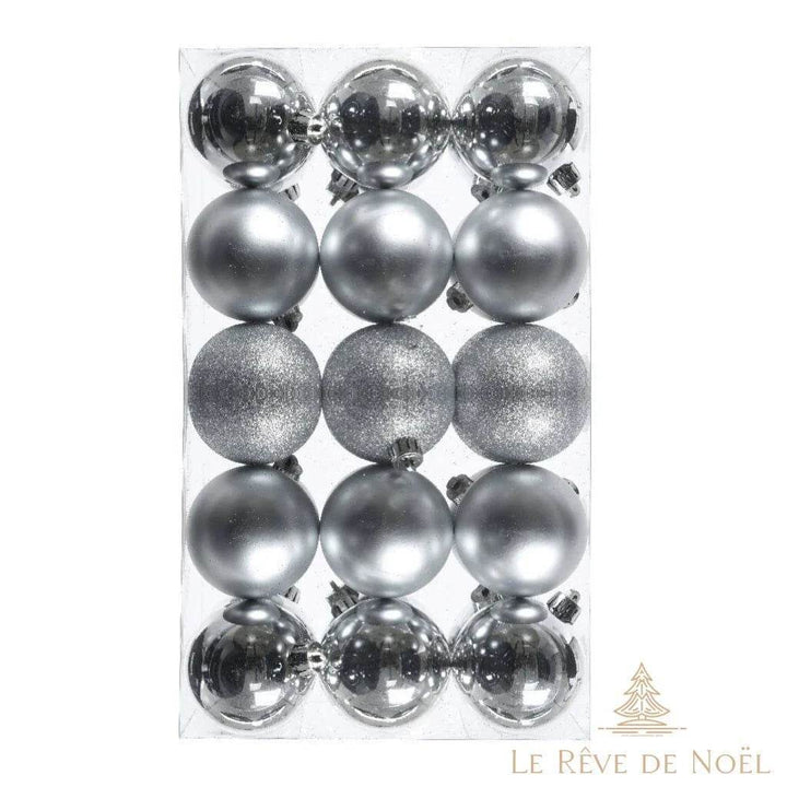 Boules de Noël argentées, finitions brillante, mate et pailletée, coffret de quinze