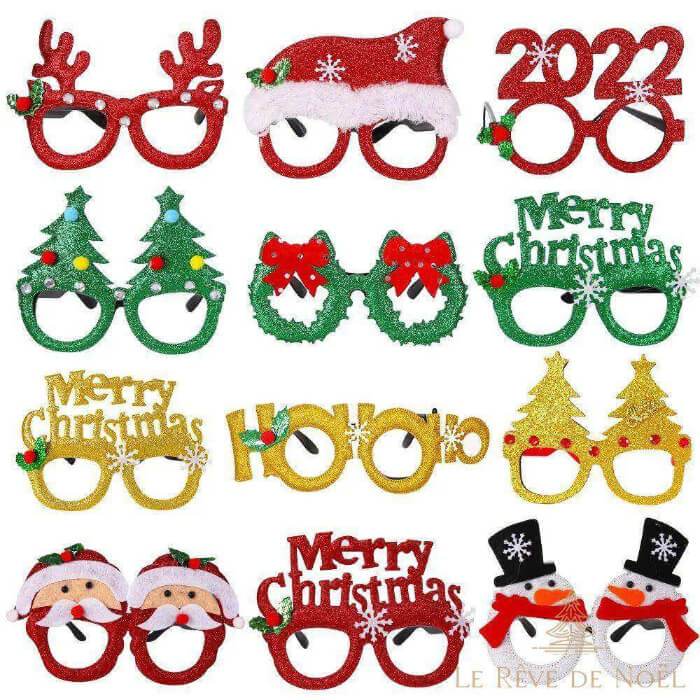 Douze modèles de lunettes de Noël pailletées : rennes, bonnet, sapin, Père Noël, bonhomme de neige