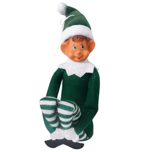 Lutin farceur vert assis, bonnet à pompon, collant rayé vert et blanc, sur fond blanc