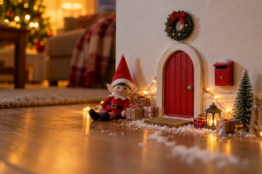 Porte de lutin miniature rouge au pied d'un mur, avec un lutin farceur, des petits cadeaux et une guirlande lumineuse