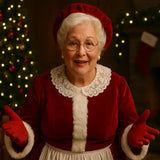 Mère Noël en robe rouge à col de dentelle, bras ouverts, devant un sapin de Noël illuminé