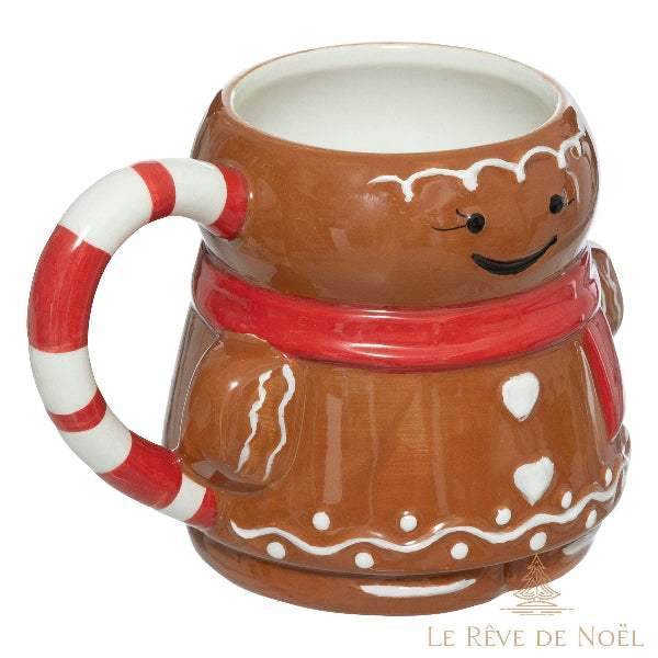 Tasse en céramique en forme de bonhomme pain d'épice, anse en forme de canne à sucre rouge et blanche