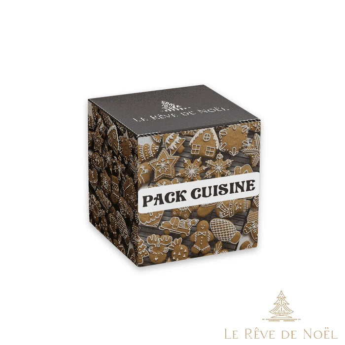 Boîte cadeau cubique à motif biscuits pain d'épice, bandeau Pack Cuisine