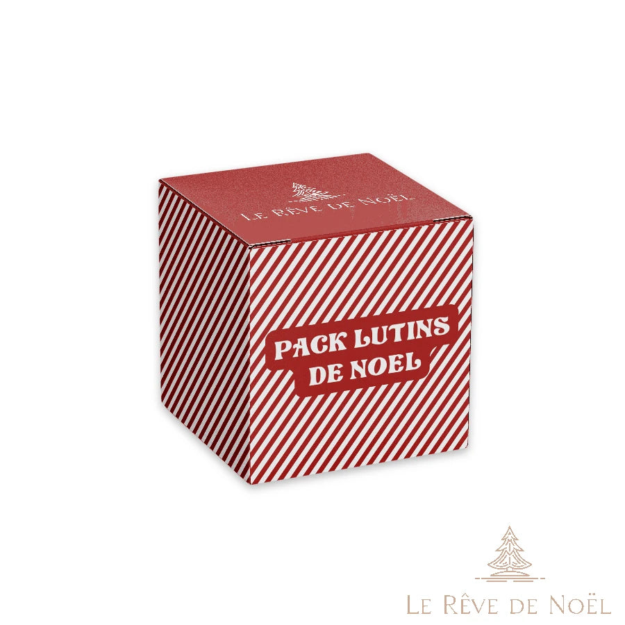 Boîte cadeau à rayures rouges et blanches, bandeau Pack Lutins de Noël