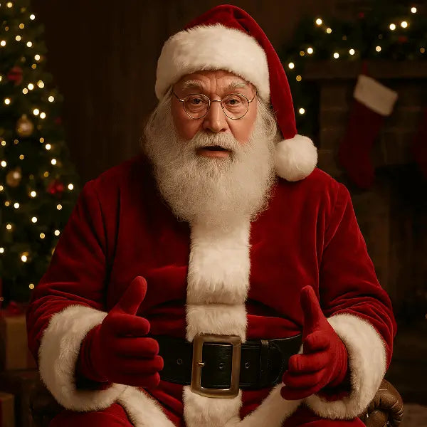 Père Noël en costume rouge fait un signe pouce levé, assis devant un sapin illuminé