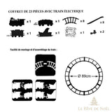 Schéma du coffret 23 pièces : train, rails et étapes de montage, cercle de 89 cm de diamètre