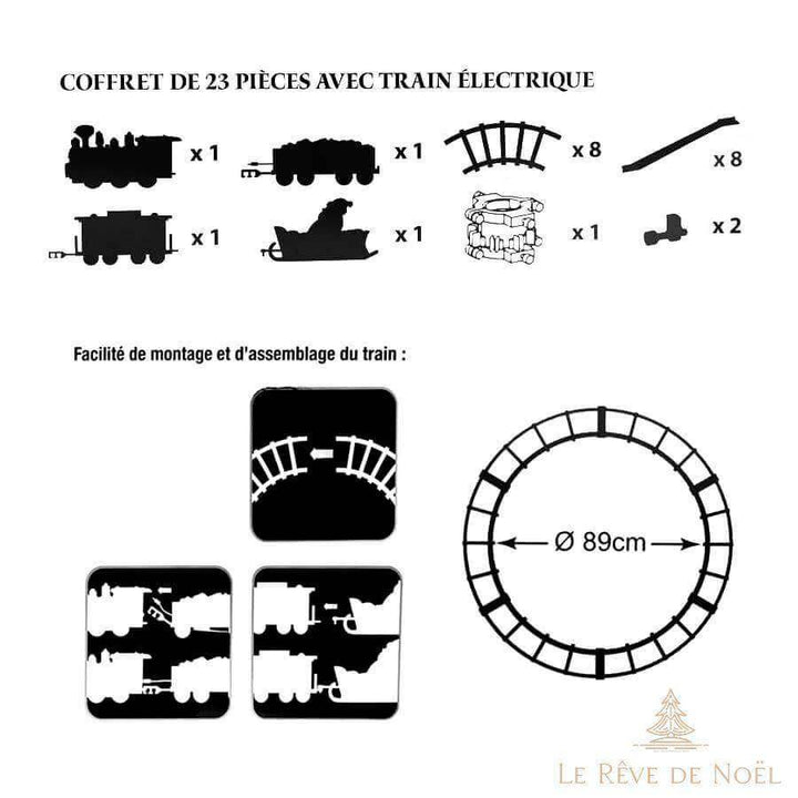 Schéma du coffret 23 pièces : train, rails et étapes de montage, cercle de 89 cm de diamètre