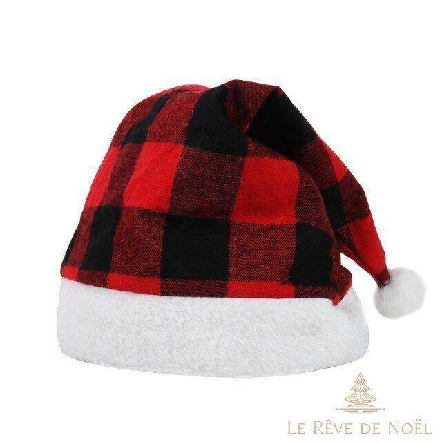 Bonnet de Noël à carreaux rouges et noirs, bord en fausse fourrure blanche et pompon