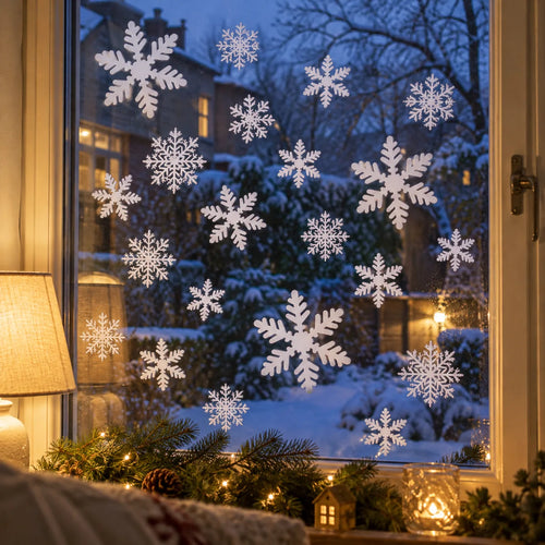 Stickers flocons de neige blancs collés sur une vitre, jardin enneigé à la tombée du jour