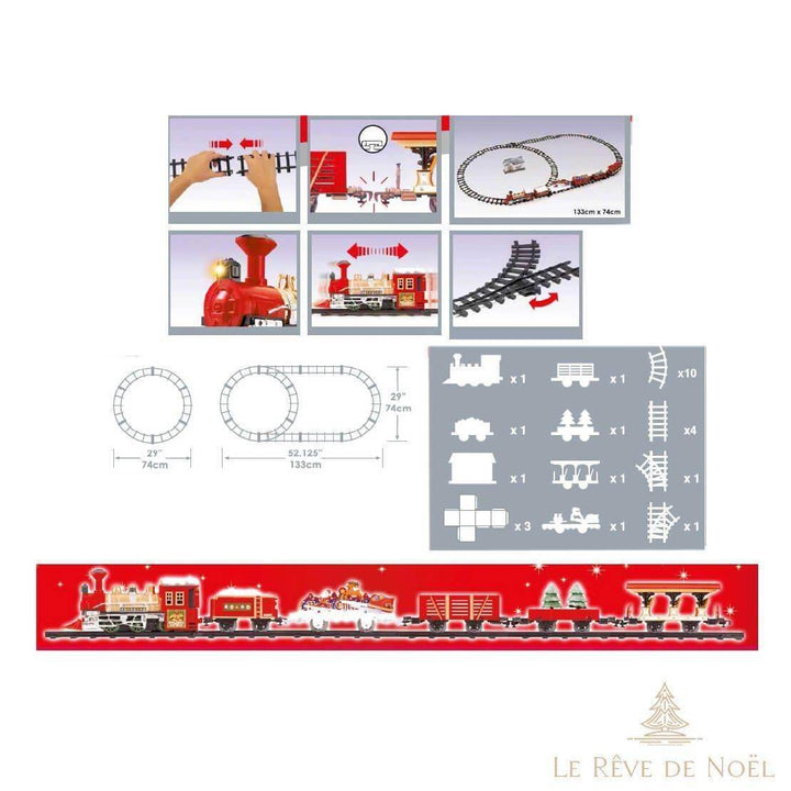 Schéma de montage et liste des pièces du train : tracés possibles de 74 cm ou 133 x 74 cm