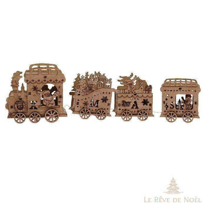 Train en bois sculpté brun clair avec motifs de Noël ajourés et lettres XMAS, non allumé