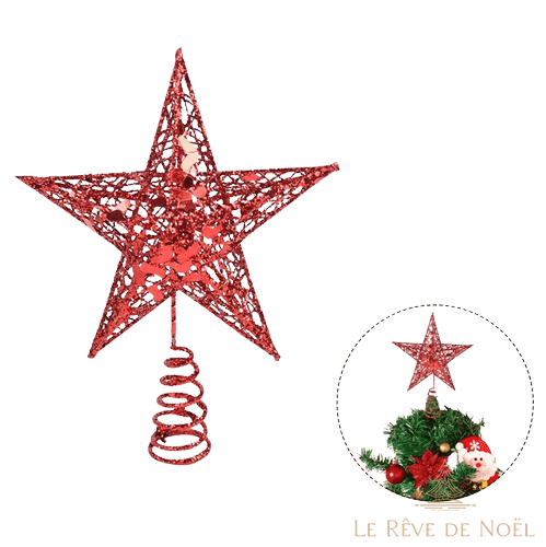 Même cimier étoile rouge ajouré vu sous un angle légèrement tourné, taille 15 cm, avec vignette du sapin décoré en médaillon