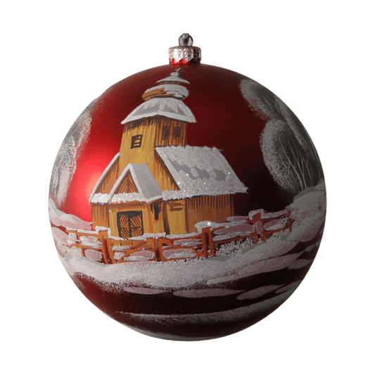 Boule de Noël faite main - Rouge - Grange enneigée