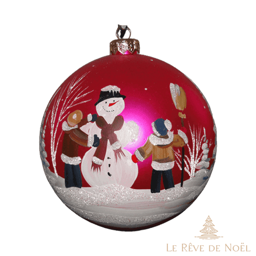Boule de Noël faite main - Rouge - Bonhomme de neige et ses amis