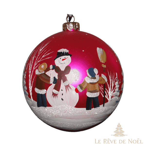 Boule de Noël faite main - Rouge - Bonhomme de neige et ses amis