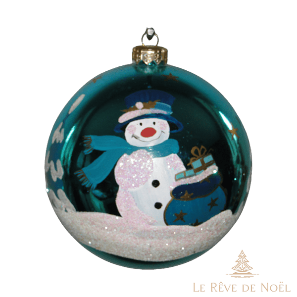 Boule de Noël faite main - Vert - Bonhomme de neige et ses cadeaux