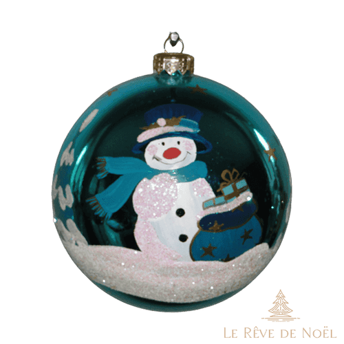 Boule de Noël faite main - Vert - Bonhomme de neige et ses cadeaux