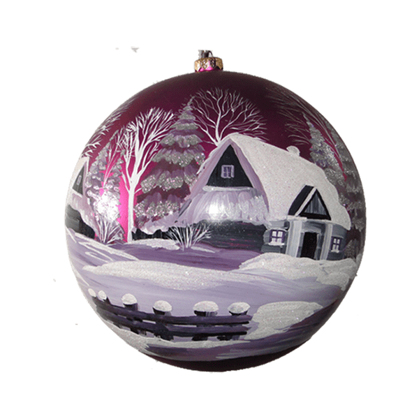 Boule de Noël faite main - Rose - maison dans la neige