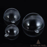 Boules transparentes ouvertes montrant leurs deux moitiés emboîtables et anneau d'attache