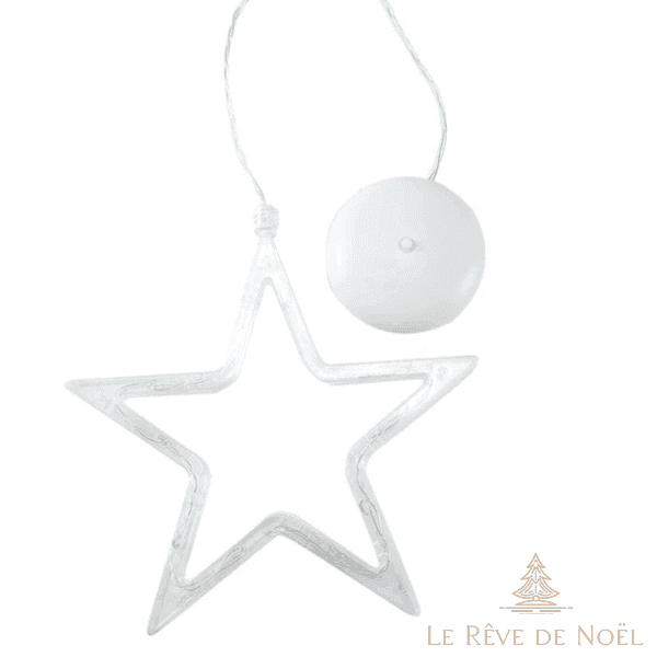 Néon en forme d'étoile éteint, contour blanc translucide, gros plan sur le boîtier à ventouse