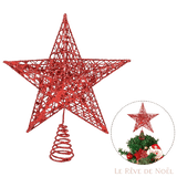 Cimier de sapin étoile rouge en fil pailleté ajouré et base spirale, taille 20 cm, vignette du sapin décoré en médaillon