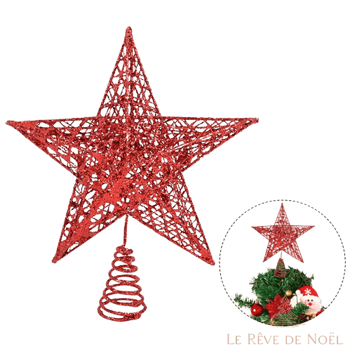 Cimier de sapin étoile rouge en fil pailleté ajouré et base spirale, taille 20 cm, vignette du sapin décoré en médaillon