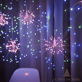 Gros plan sur une guirlande lumineuse feu d'artifice multicolore, fils fins et LED