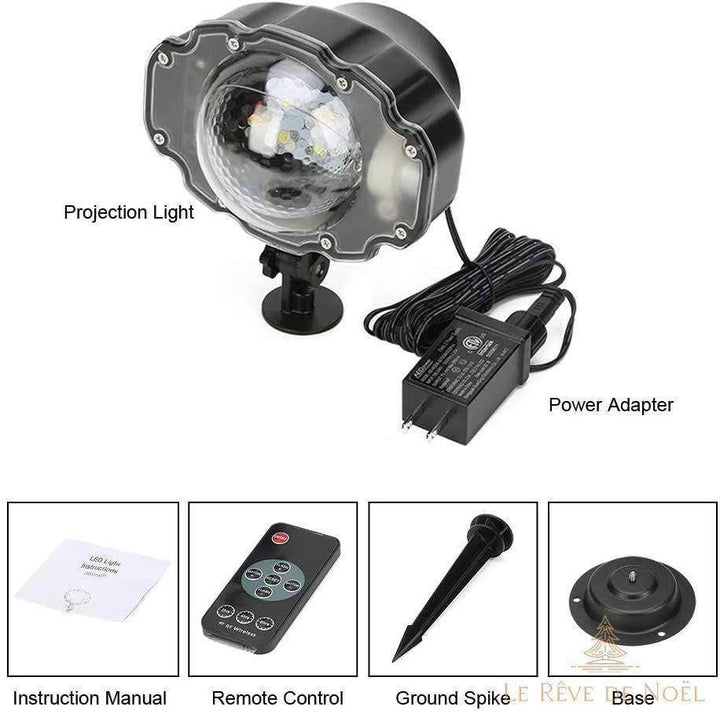 Schéma du contenu : projecteur, adaptateur secteur, télécommande, piquet et socle, notice