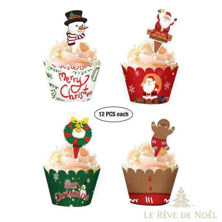 Caissettes à cupcake décor 2 : bonhomme de neige, père Noël, couronne et bonhomme en pain d'épice