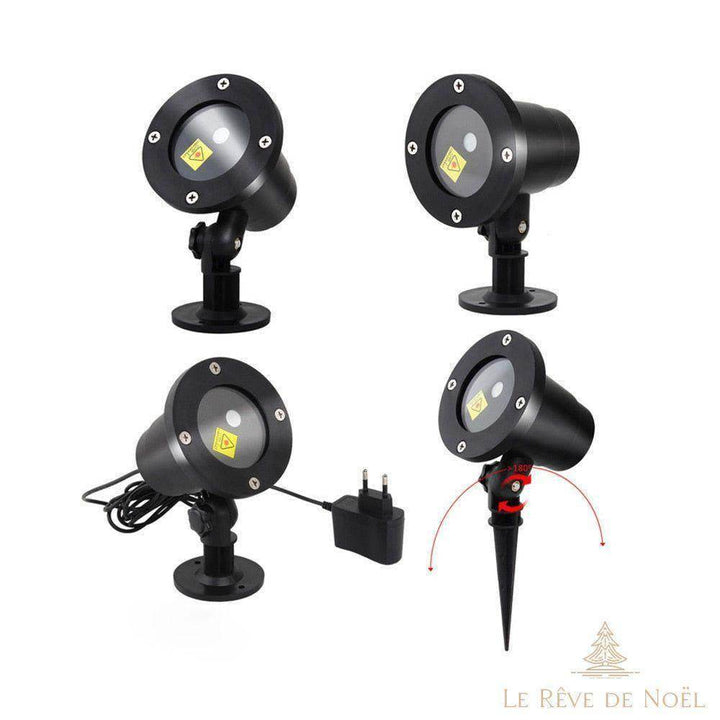 Quatre vues du projecteur de Noël noir sur socle, dont un modèle articulé à plus de 180 degrés