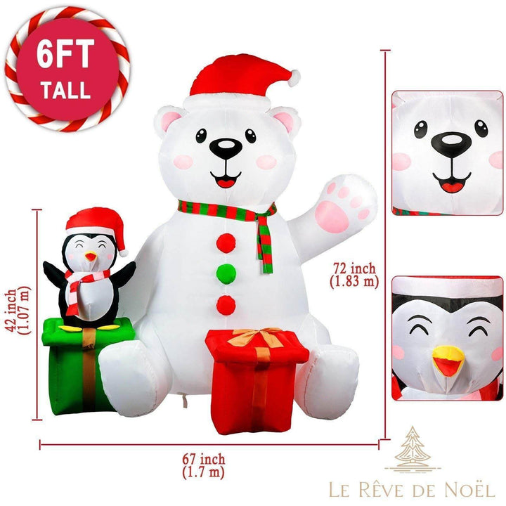 Schéma des dimensions : ours polaire 1,83 m de haut, pingouin 1,07 m, largeur totale 1,7 m