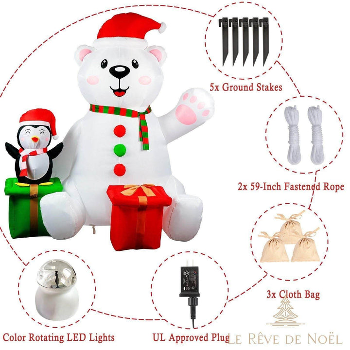 Schéma des accessoires de l'ours polaire gonflable : piquets, cordes, sacs de lestage, projecteur LED