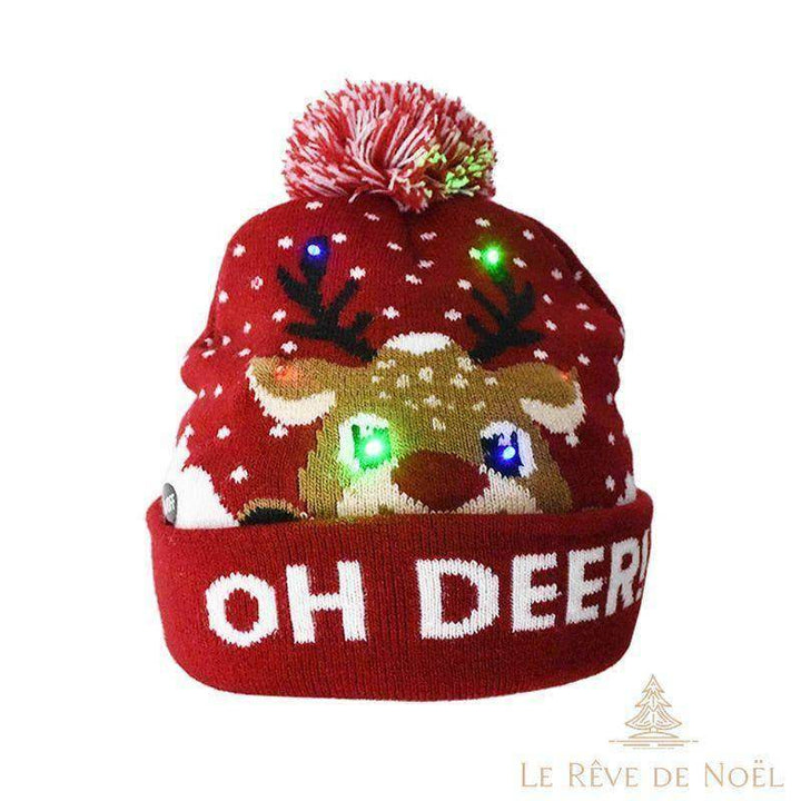 Bonnet de Noël rouge à pompon, motif renne avec LED colorées allumées, inscription Oh Deer