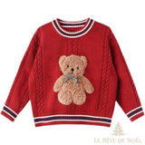 Pull de Noël enfant rouge à col rayé, ourson en peluche brodé au centre, vue de face
