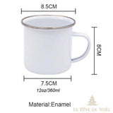 Schéma coté du mug émaillé blanc : 8,5 cm de diamètre, 8 cm de hauteur, contenance 360 ml