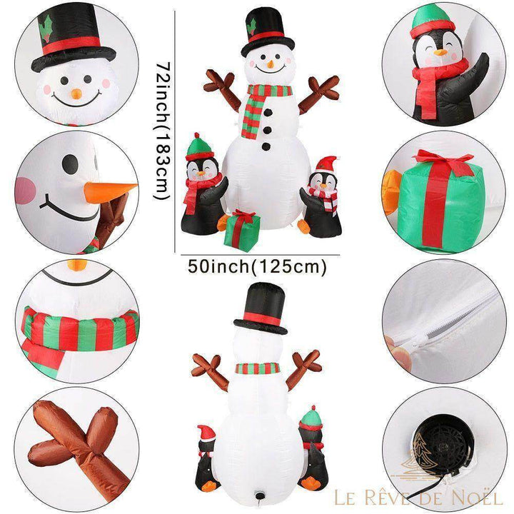 Schéma coté du bonhomme de neige gonflable : 183 cm de haut sur 125 cm de large, détails en gros plan