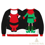 Même pull vu de dos : capuche blanche du Père Noël à gauche, lutin à droite, mains jointes