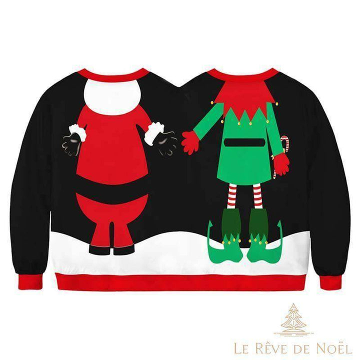 Même pull vu de dos : capuche blanche du Père Noël à gauche, lutin à droite, mains jointes